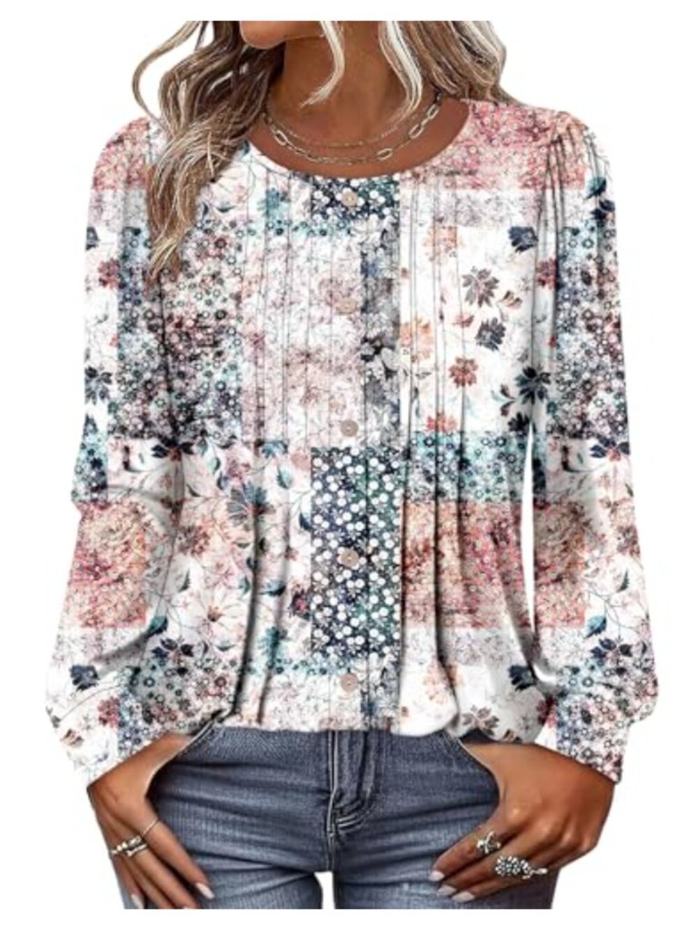 Women's Pleated Tunic Top Long Sleeve Crew Neck Loose Fit Blouse